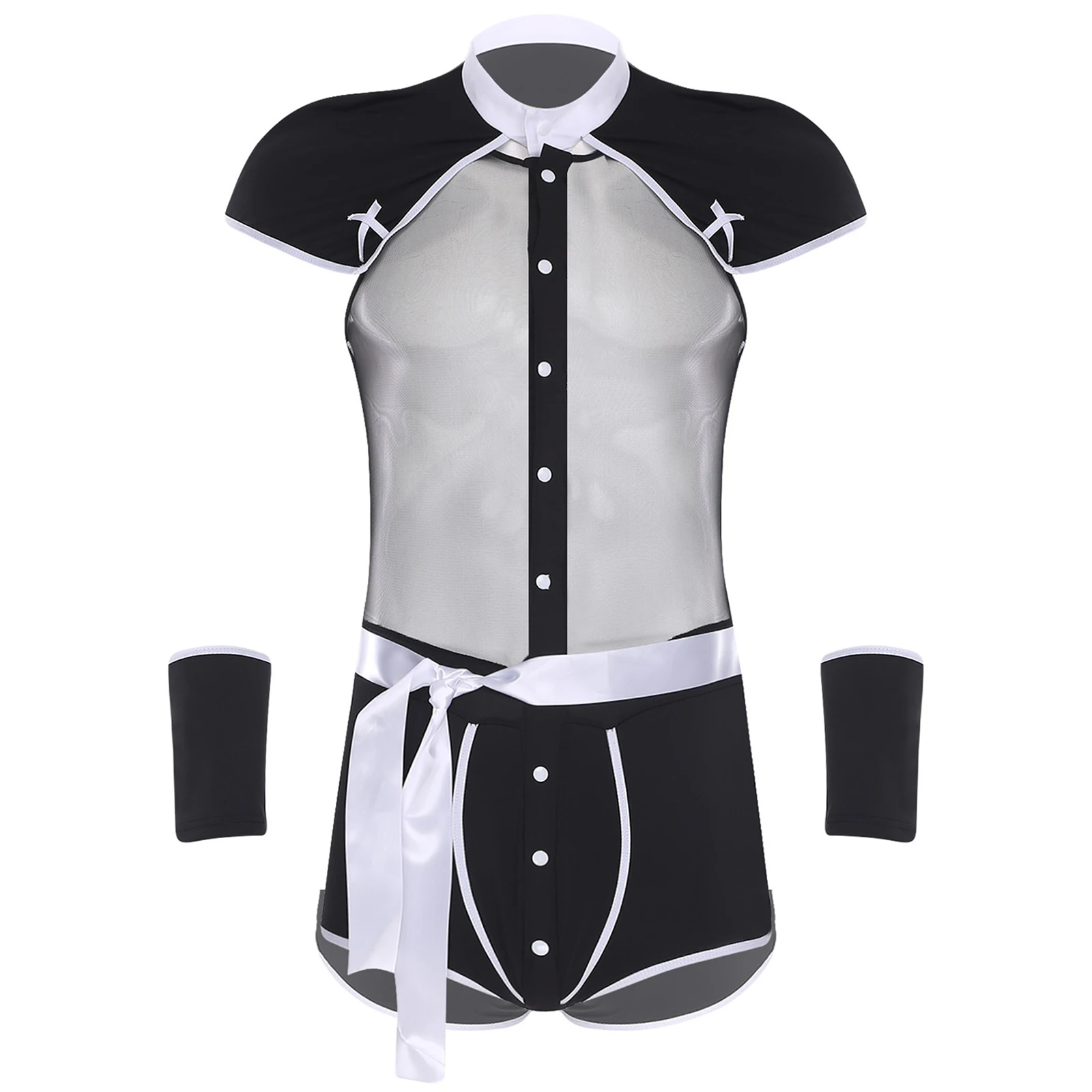 Mens Lingerie Maid Cosplay Costume Sheer Mesh Bodysuit with Collar Belt And Gloves Set Manservant Navy Dress Up Outfits Clubwear