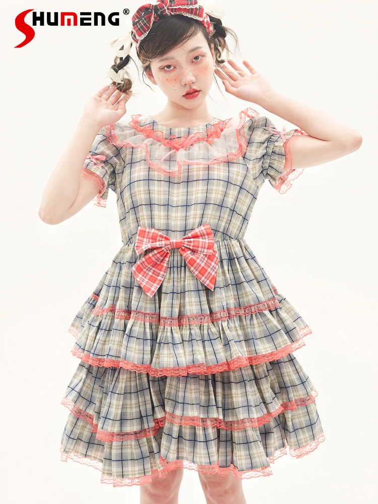 Japanese-Style Lolita Retro Princess Plaid Cake Dress 2023 Summer New Cute Short Puff Sleeve High Waist Bow Childlike Dresses