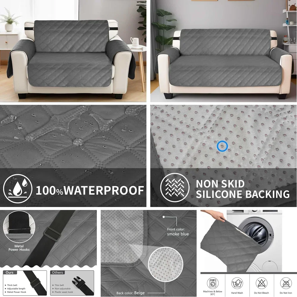 Reversible Sofa Cover 100% Waterproof Couch Slipcovers Non-Slip Furniture Protector with Pocket & Elastic Strap for Kid Dog Pets
