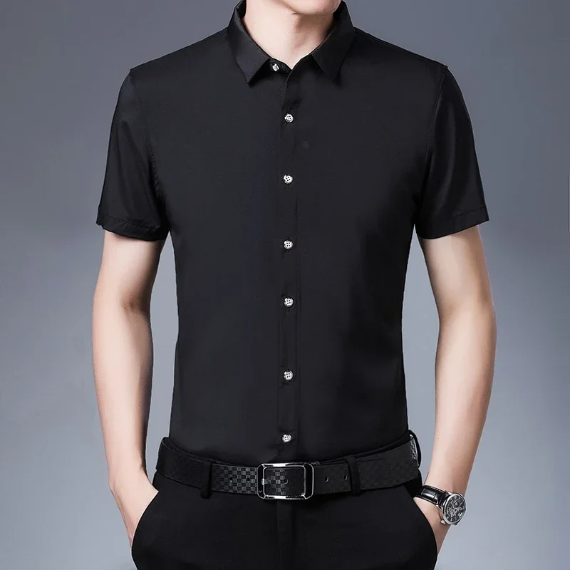 Men's Business Casual Solid Color Short Sleeved Shirt Non Ironing Comfortable Top 5