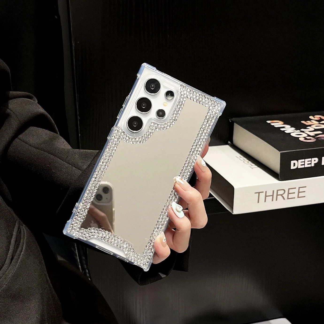 Elegant Shiny Diamond Mirror Makeup Case with Airbag Anti-Fall Protection
