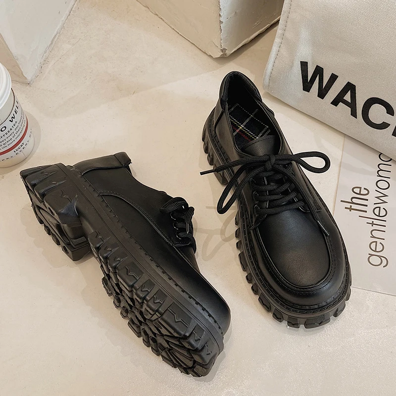 Platform Oxford Shoes Women Loafers Summer Autumn Casual Lace Up Flats Ladies Punk Gothic Leather Chunky women oxford shoes