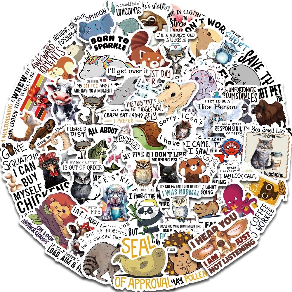 Sticker Silly Animal 50PCS Funny Cartoon Animal Funny Quotes Graffiti Sticker Waterproof PVC ...