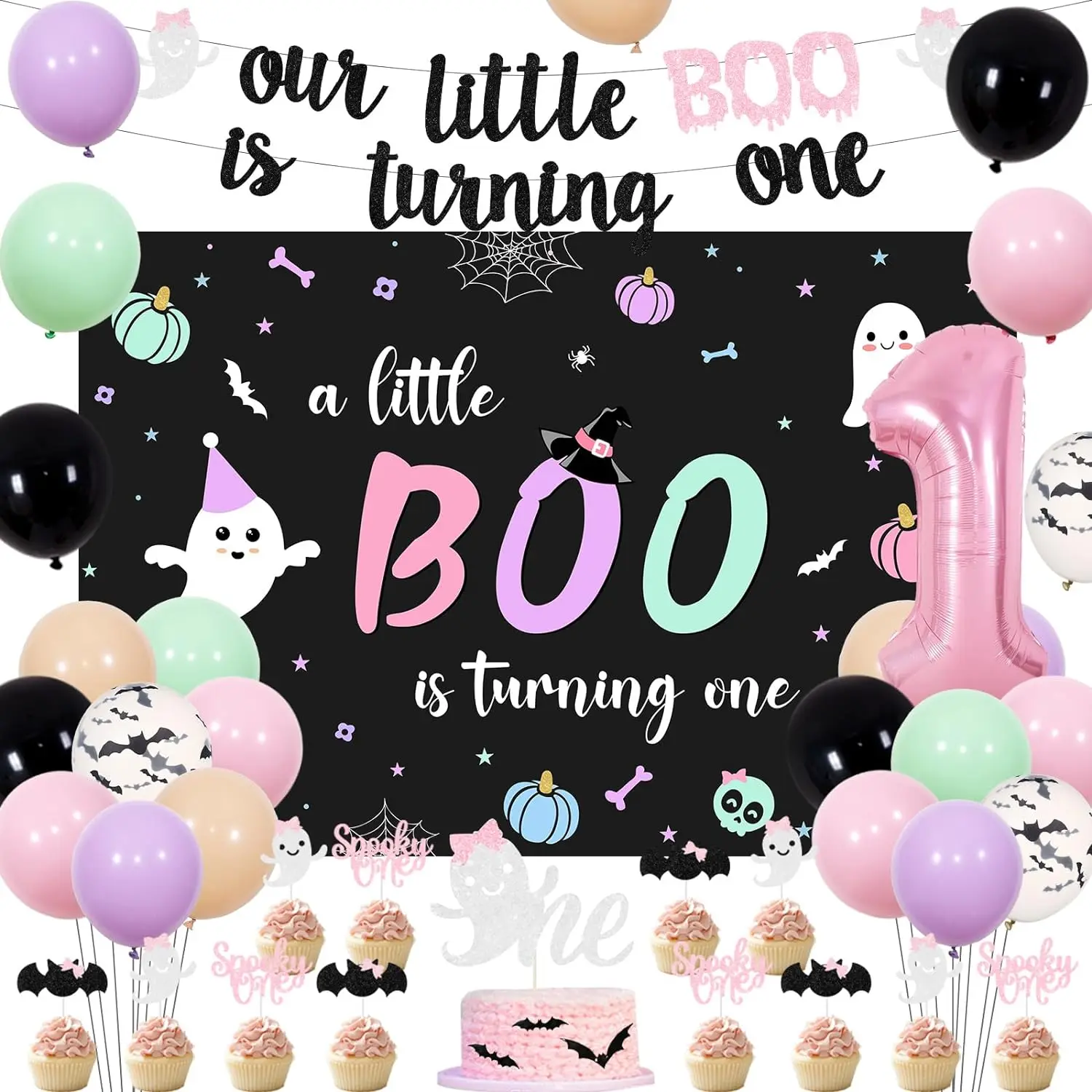 

Pastel Halloween 1st Birthday Decorations Girl Our Little Boo Is Turning One Banner Backdrop Bat Balloons for First Bday Party