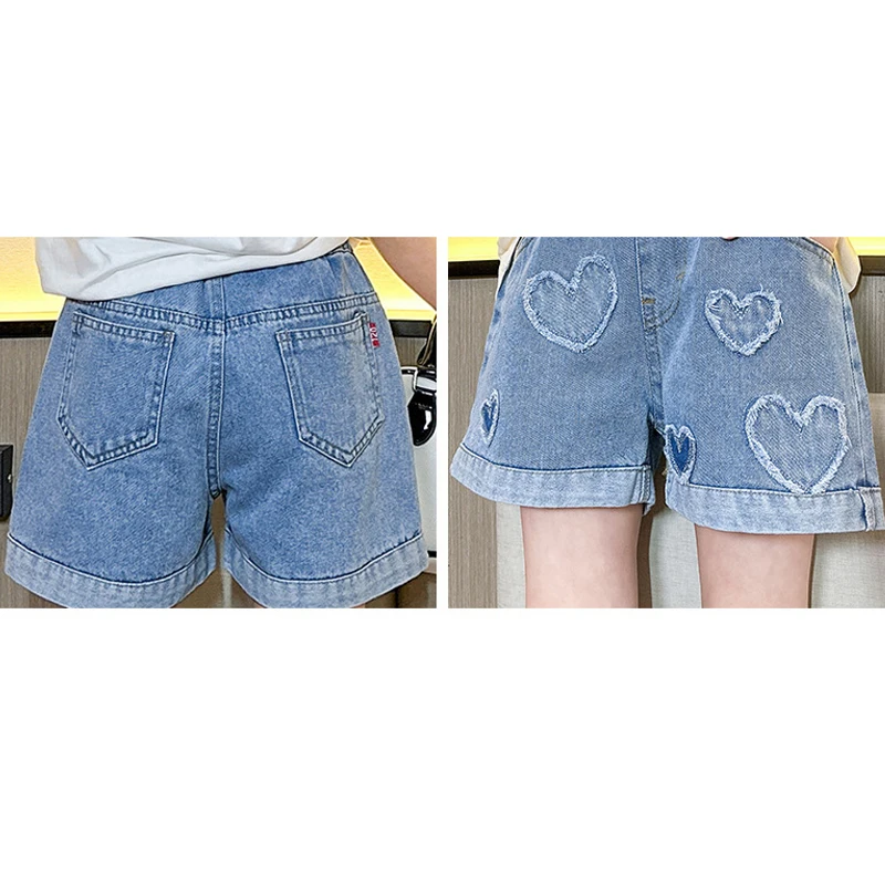 Shorts jeans com padrão de coração feminino, jeans de algodão confortável, calça casual infantil, nova moda, verão, 5-14 anos