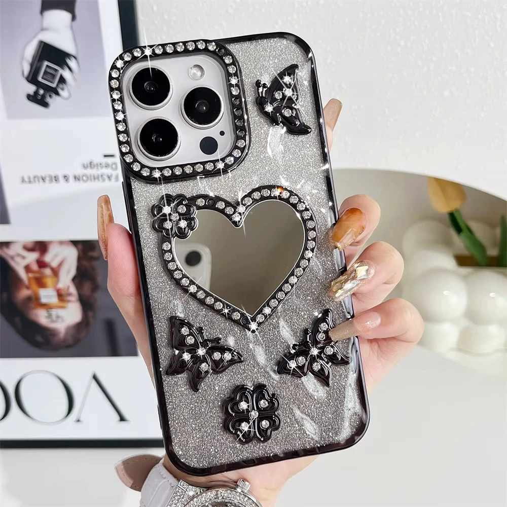 Luxury Electroplate Love Butterfly Diamond Phone Case For IPhone 16 15 14 13 12 11 Pro Max Transparent Glitter Mirror Back Cover