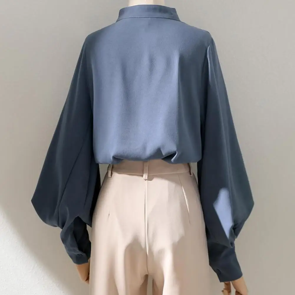 Solid Color Women Shirt Elegant Women's Stand Collar Cardigan Blouse with Lantern Sleeves for Formal Business Style Commute