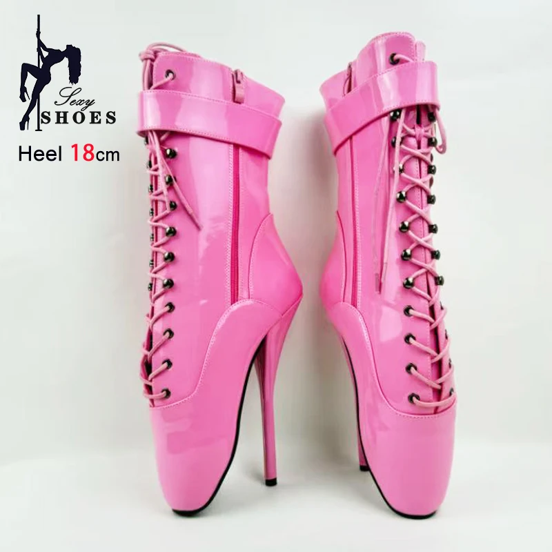 7" /18cm Thin Heel Cosplay Pink Short Boots Lockable Women Shoes Lock Wrap Strap Super High Heel Sexy Ballet Boots Size 36-46