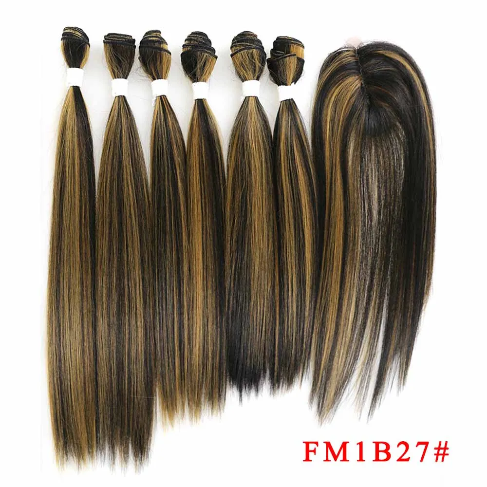 Synthetic Hair Extensions 6 Bundles Hair Weaving with Free Closure Synthetic Hair Extension Weave 14 16 18 inch Ombre Brown Highlight Heat Resistant