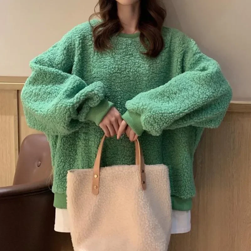 Women Fake 2 Pieces Fluffy Hoodies With Scarf Plus Velvet Fleece Sweatshirt Harajuku Street Fashion Sudaderas Top Autumn Winter