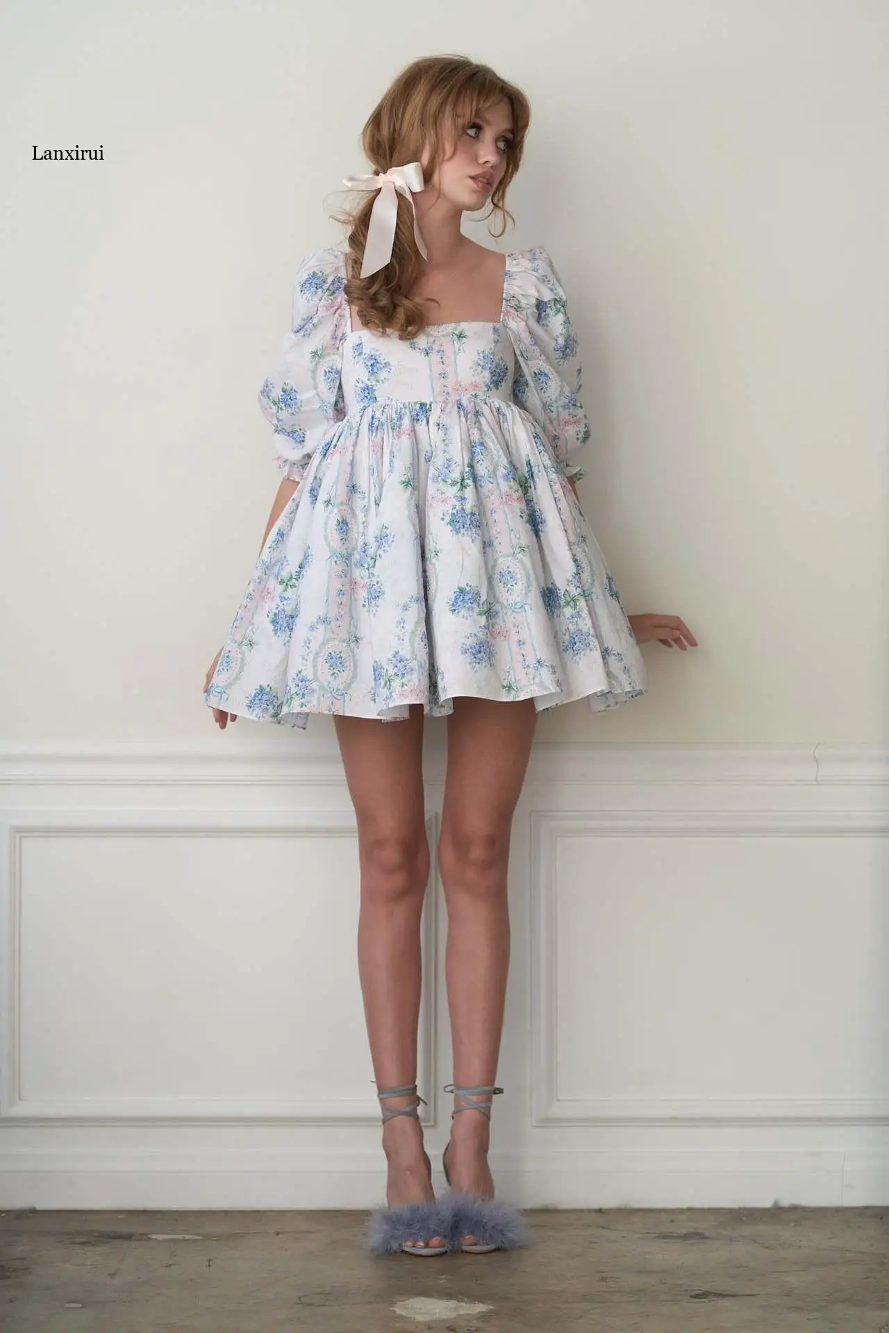 

Women Dress Summer Korean Chic Retro Elegant Round Neck Loose Ruffled Back Hollow Puff Sleeve Polka Dot Vestidos