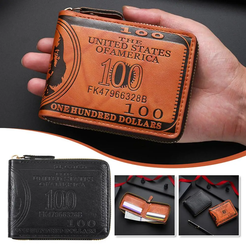 Men's Wallets with 100 US Dollar Pattern Hasp Male Leather Wallet with Zipper Card Holder Coin Pocket Purse Cartera Hombre - 2
