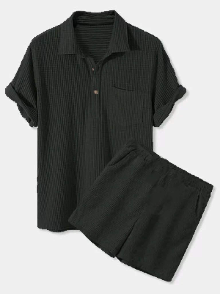 Summer Fashion Men's Set High Street Solid Color Button Short Sleeve T-Shirts and Elastic Waist Pockets Loose Straight Leg Short