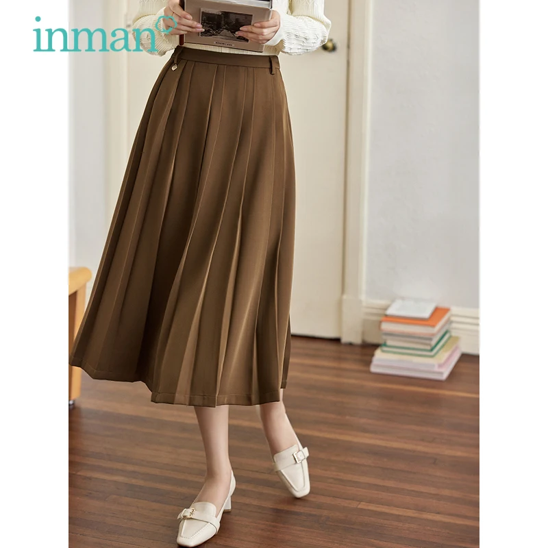 INMAN Women Skirt 2023 Autumn High Waist A-shaped Loose Pleated Design French Versatile Coffee Black Mid-length Skirt custom empty square and round tea tin box custom design airtight coffee tin can tinplate tin box for food packaging