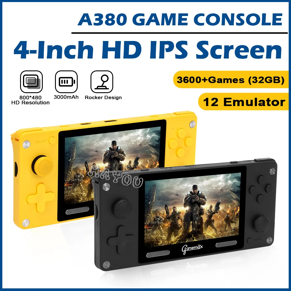 A380 Retro Video Game Console Handheld Game Player Bulit-in12 Formats 4 inch HD IPS Screen Portable Gaming Console  3600+ Games