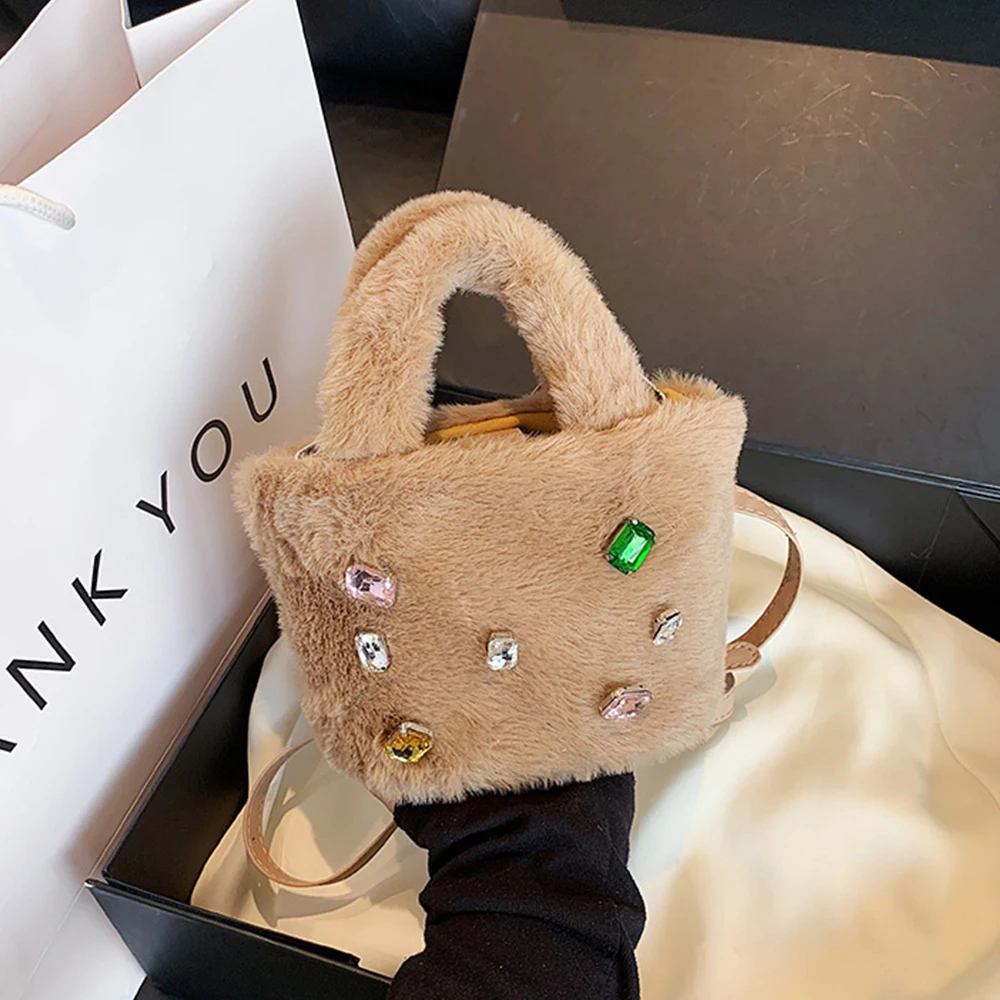 Candy Color Plush Tote Mini Diamonds Women's Handbags Rhinestone Faux Fur Bags for Women Winter Soft Shoulder Crossbody Bag Chic