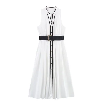Elegante Abito Lungo a Trapezio con Cintura, Vestito Midi in Poliestere alla Moda con Scollo a V e Maniche Lunghe, Chiusura a Bottone Singolo