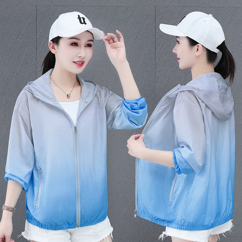 New Fashionable Casual Sports Quick Drying Ice Silk Gradient Color Sunscreen Clothing Women'S Summer Outdoor Uv Resistant Coat
