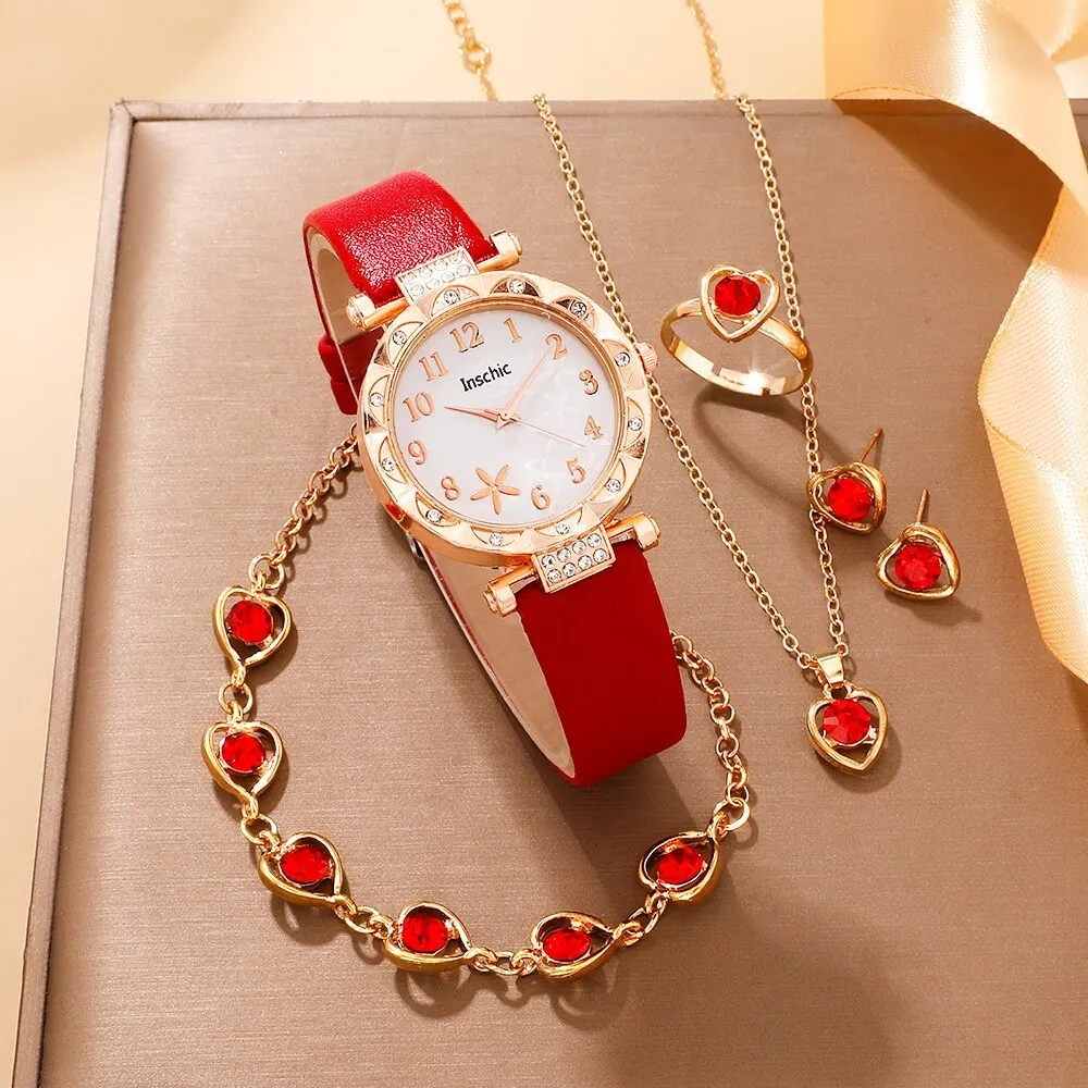 6PCS Set Quartz Watch Women Ring Necklace Earring Rhinestone Wristwatch Bracelet Watches for women watches electronic watch