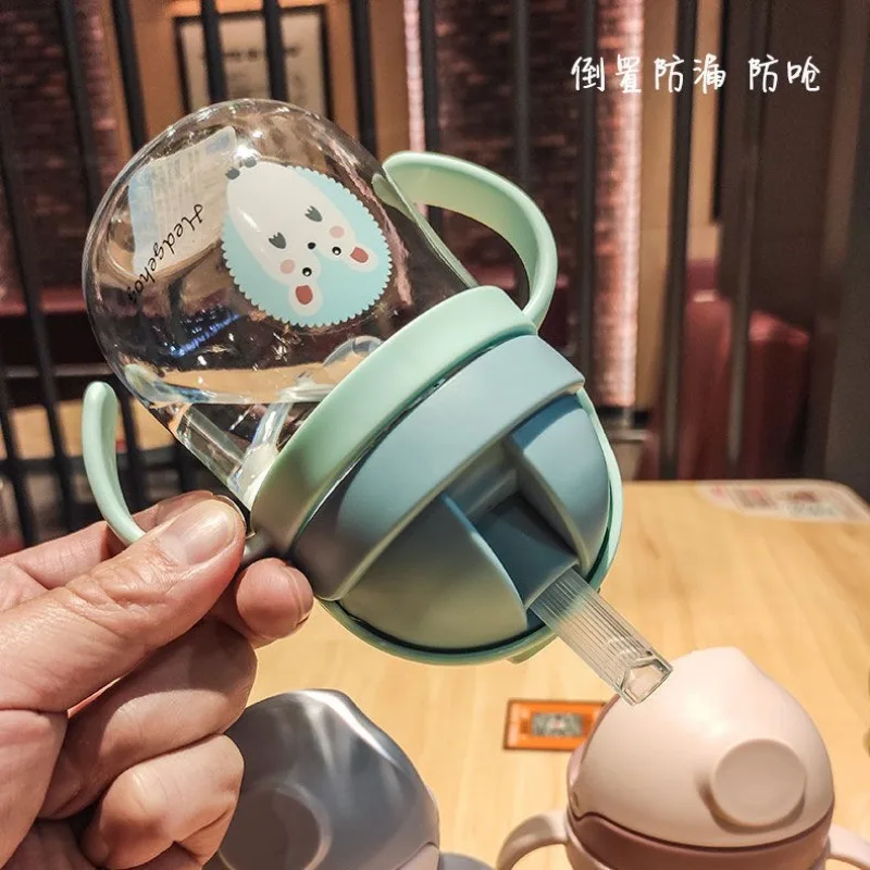 300ml  마시는 컵 먹이 병 빨대 중력 공으로 질식 방지 손잡이가있는 넓은 구경 우유 물병