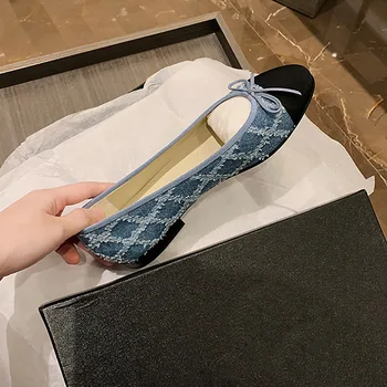 2026 New Grape Mom Denim Blue Tweed Ballet Flat Butterfly Knot round Head Slip-On Women's Shoes Low Heel Rubber Outsole 1