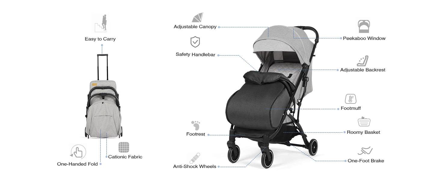All-Season Lightweight Compact Foldable Baby Pushchair, Multi-Recline Stroller with Footmuff, Rain Cover,