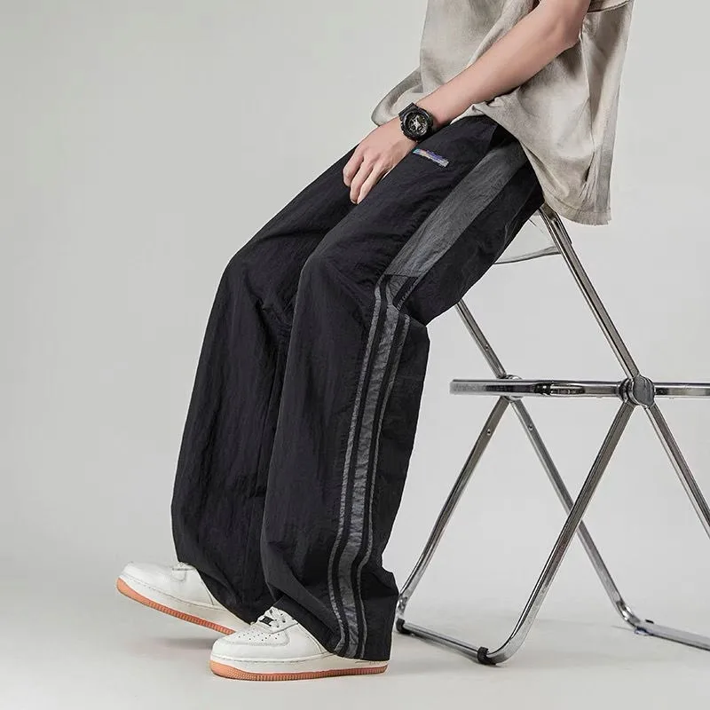 Women Men Casual Black Pants Y2k Sweatpants Splicing High Waisted Summer Thin Design Quick Drying Straight Pants Cargo Pants