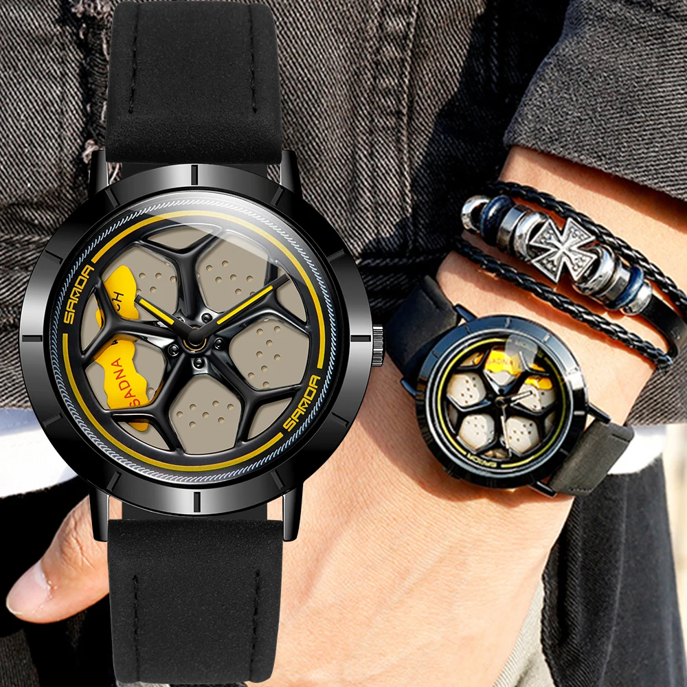 

New Hot Sell Fashion Men Watches Sport Car Wheel Rim Hub Men Quartz Watch Leather Waterproof Creative 360 Degree Rotating Clock
