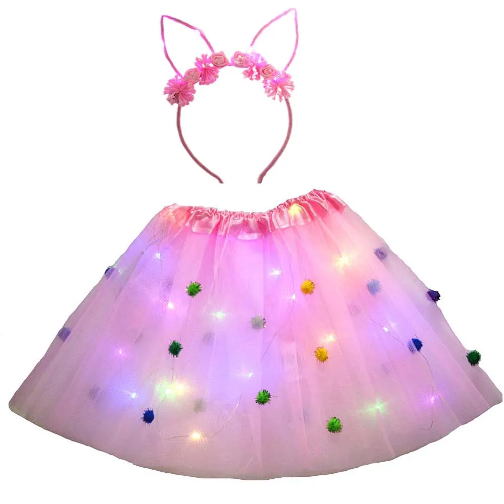 

Girls Kids Party Light Pompon Tutu Glow Luminous Skirt Crown Cat Bunny Headband LED Costume Birthday Gift Wedding Festival