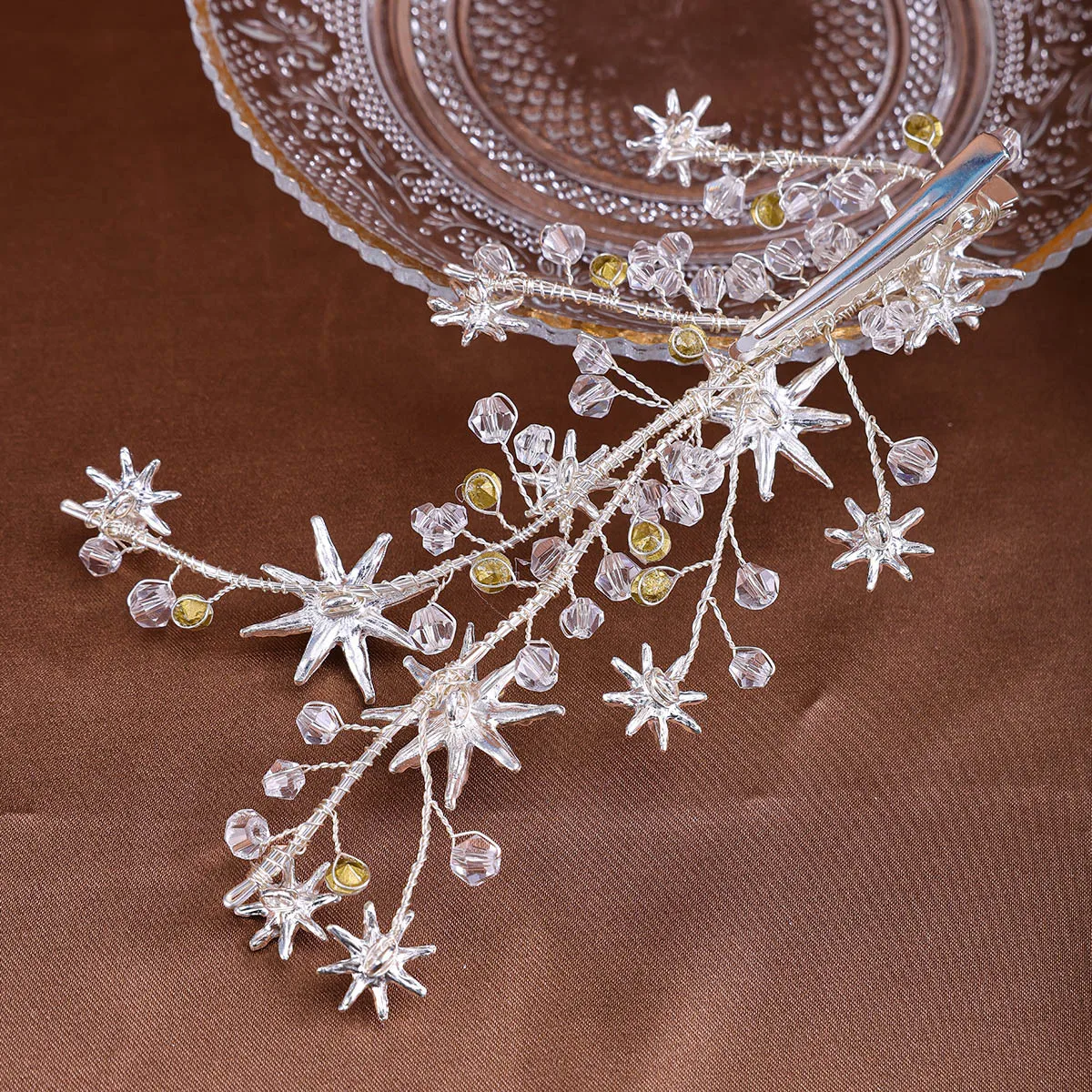 Handmade Rhinestone Hair Clip Bridal Side Pin Fashion Crystal Hairpin Silver Color Stars Shaped Barrettes Wedding Hair Jewelry