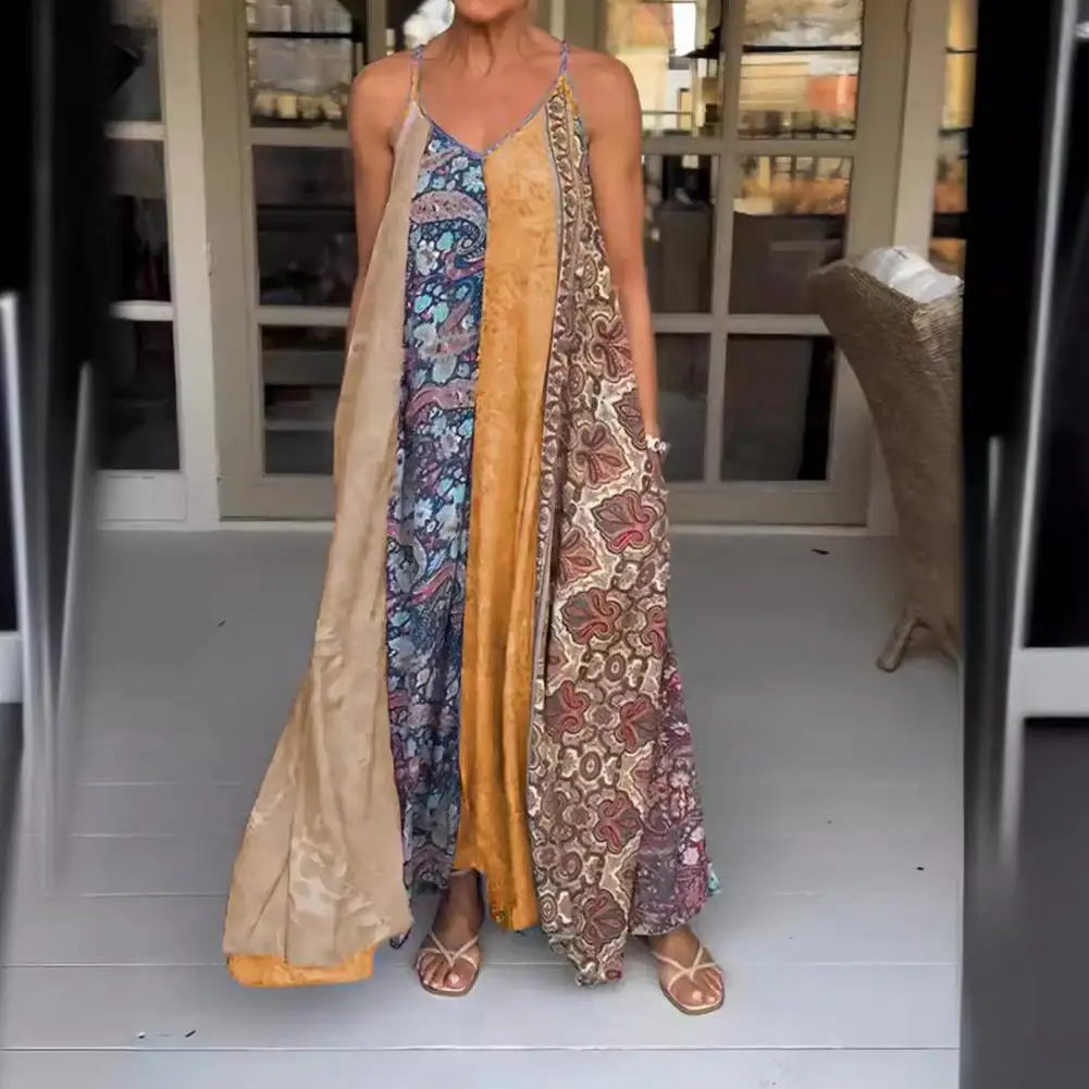 

Bohemian V-neck Dress Bohemian Printed Backless Maxi Dress Loose Colorful for Summer Beach Vacations Casual Sleeveless Dress