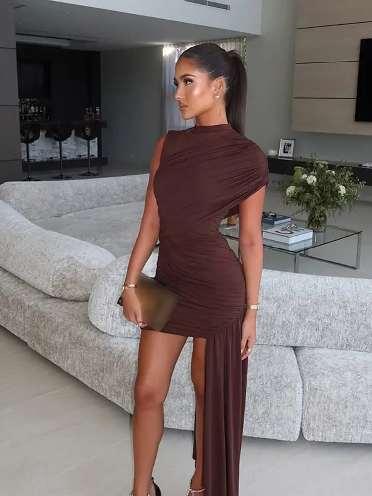 Brown Lace Up Pleated Mini Dress Elegant Round Neck High Waist Sleeveless Slim Fit Short Dresses Lady Summer Evening Party Robes