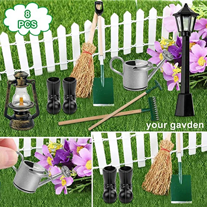 8PCS Miniature Dollhouse Fairy Garden Tools Mini Furniture Broom Kettle Street Lamp Rubber Boots Spade Pestle Rake Ornament Deco