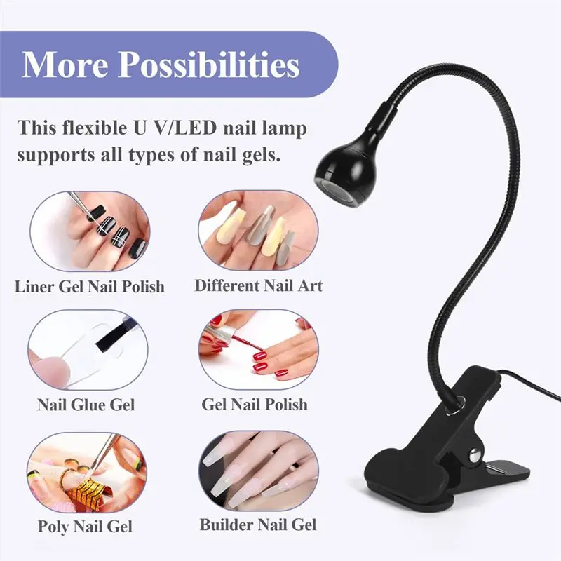 ABNL UV LED 네일 램프 - 미니 LED 네일 램프 젤 X 램프 (네일용, 고정 클립 포함, 회전 가능 LED 조명, 블랙, 내구성, 사용 편리)