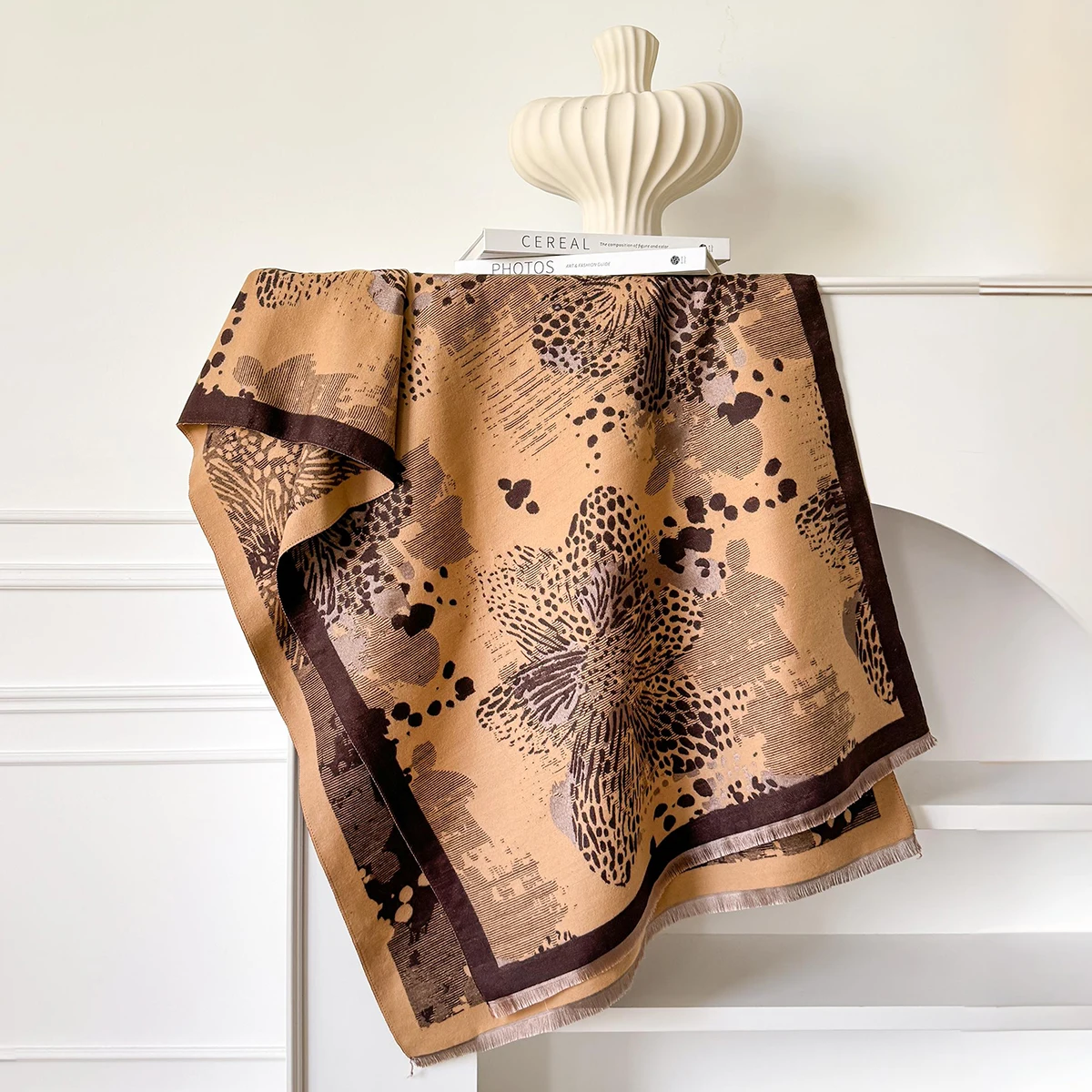Winter Travel Faux Cashmere Scarf for Women Thick Warm with Cashew and Leopard Print Fashionable Luxurious Blanket Scarf