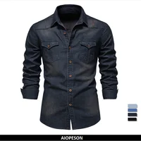 AIOPESON Brand Elastic Cotton Denim Shirt Men Long Sleeve Quality Cowboy Shirts for Men Casual Slim Fit Mens Designer Clothing 1