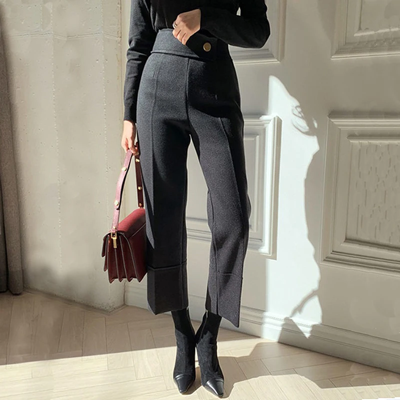 Women Woolen Suit Pants 2024 Korean Style High Waist Ankle-Length Pants Autumn Winter Elastic Loose Straight Pantalones Solid