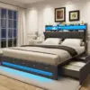 Vabches Queen Size Bed Frame with Headboard&4 Dustproof Storage Drawer Upholstered Platform Bed Frame with Power Strip&LED Light 2