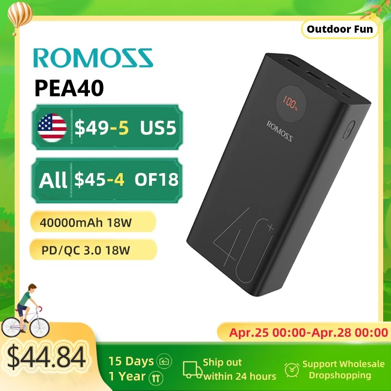 ROMOSS Power Bank 40000mAh 18W PD QC 3.0 USB Type-C Fast Charge Powerbank External Battery Portable Charger for iPhone Xiaomi 12 pocket power bank