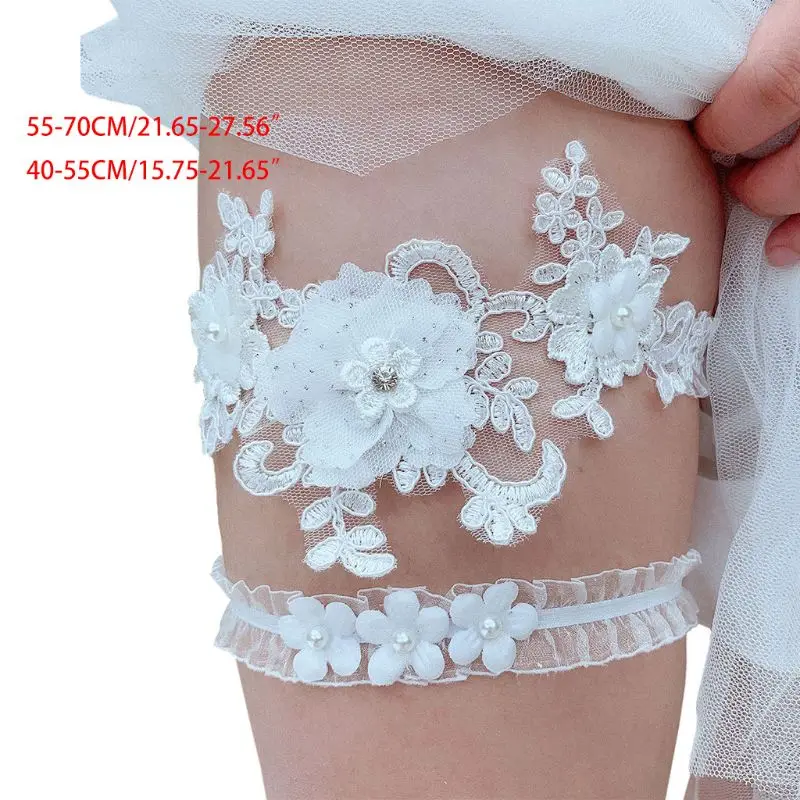 2Pcs/Set Womens Bridal Stretch Wedding Thigh Rings Embroidery Flower Faux Pearl Rhinestone Jewelry Prom Party Leg Garter