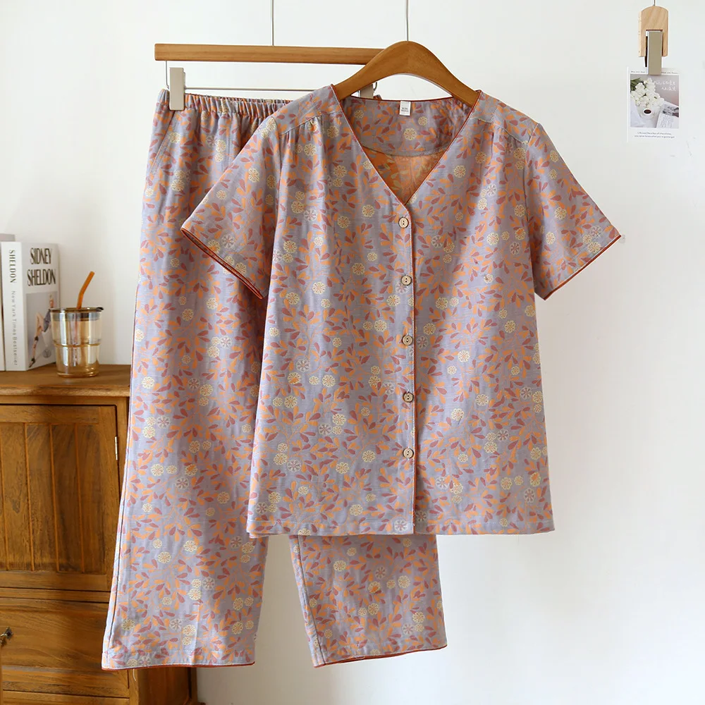 100% Cotton Sleepwear Women's Summer Suit Female Home Clothes 2 Pieces Lady Pajama Sets V-Neck Floral Print Lounge Wear