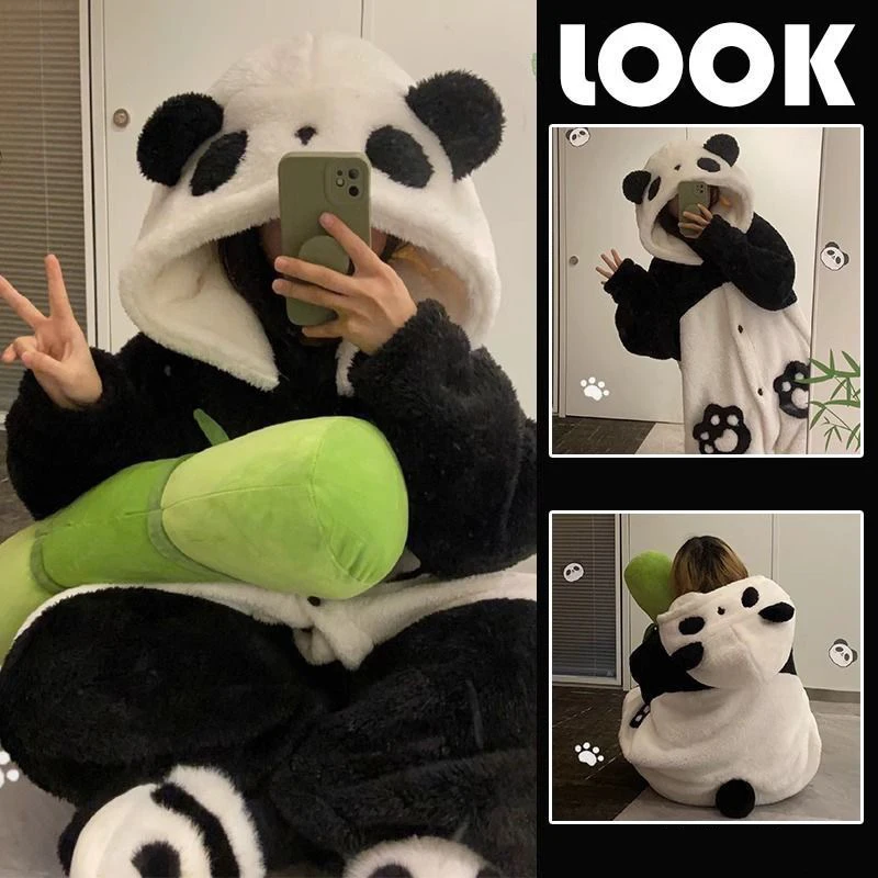 Women's Pajamas Panda Onesies Warm Soft Robes Nightgown Kawaii Animal Cosplay Suit Winter Flannel Homewear Women Clothing