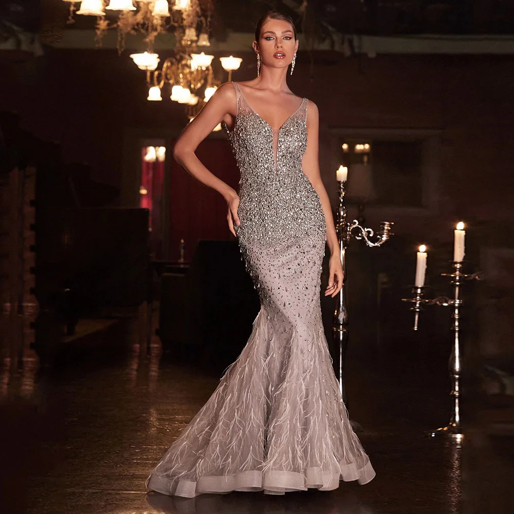 

Crystal Sequins Mermaid Elegant Dresses for Women Feather Long Train Women's Sleeveless Floor Length Prom Draped