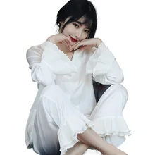 

New Pajamas Women's Spring Autumn Summer Sexy Ice Silk Long-sleeved Pleated Ruffled Home Clothes