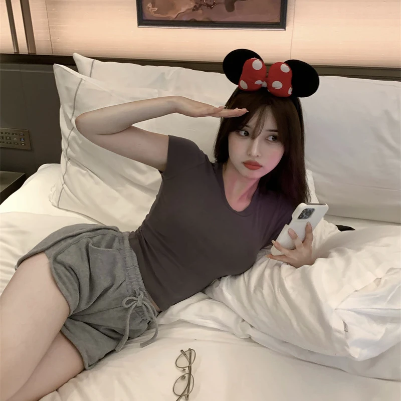 Szexi póló női nyári vékony póló női, egyszínű, rövid ujjú koreai Kpop vékony O-nyakú póló női ruhák Top943_voghion.com