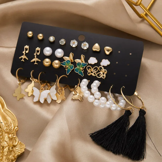 Korean Trendy Geometirc Butterfly Pearl Earrings Set For Women Resin Acrylic Star Heart Round Hoop Earrings Brincos Jewelry Gift ER22Y0083