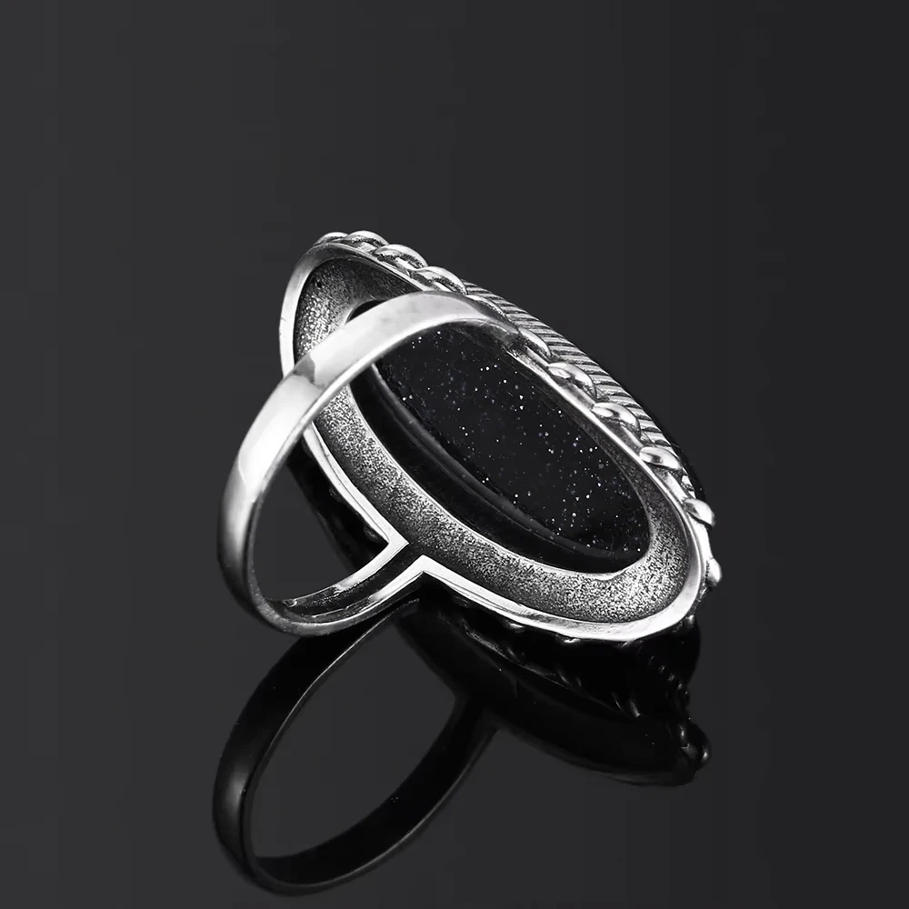 925 Sterling Silver Ring Jewelry Vintage Blue Sandstone Large Stone Luxury Elegant Ring Fine Gift Rings for Women Men