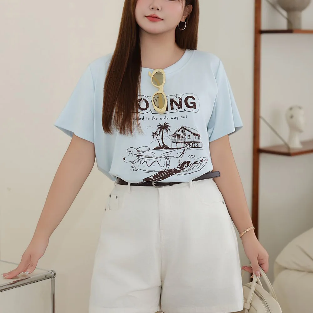 Women's Plus Size Loose Fit Surfing Dog Print Round Neck Short Sleeve T-Shirt Summer Premium Casual Cotton Top With Stretch