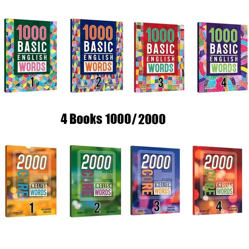 

4 Books 1000/2000 Core English Words Primary School Common English Vocabulary Dictionary Book For Kids 5-12 Years Old