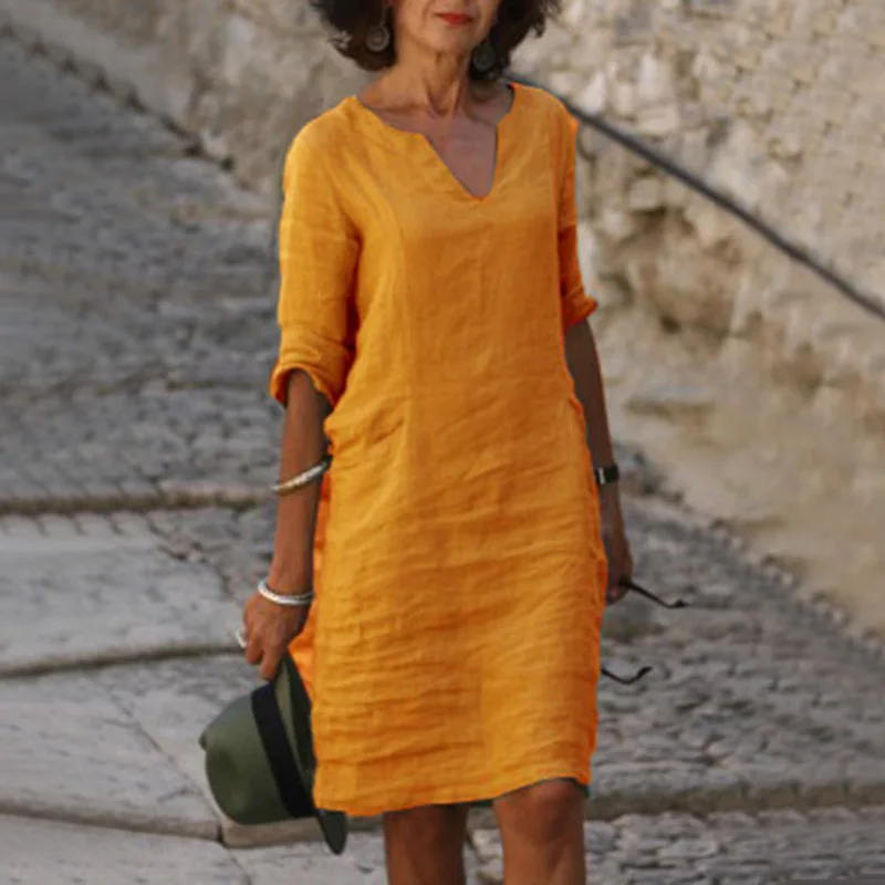 

Cotton Linen Dress Vintage Casual V Neck Loose Waist Midi Beach Dress Women Clothing stitching retro solid color dress for women